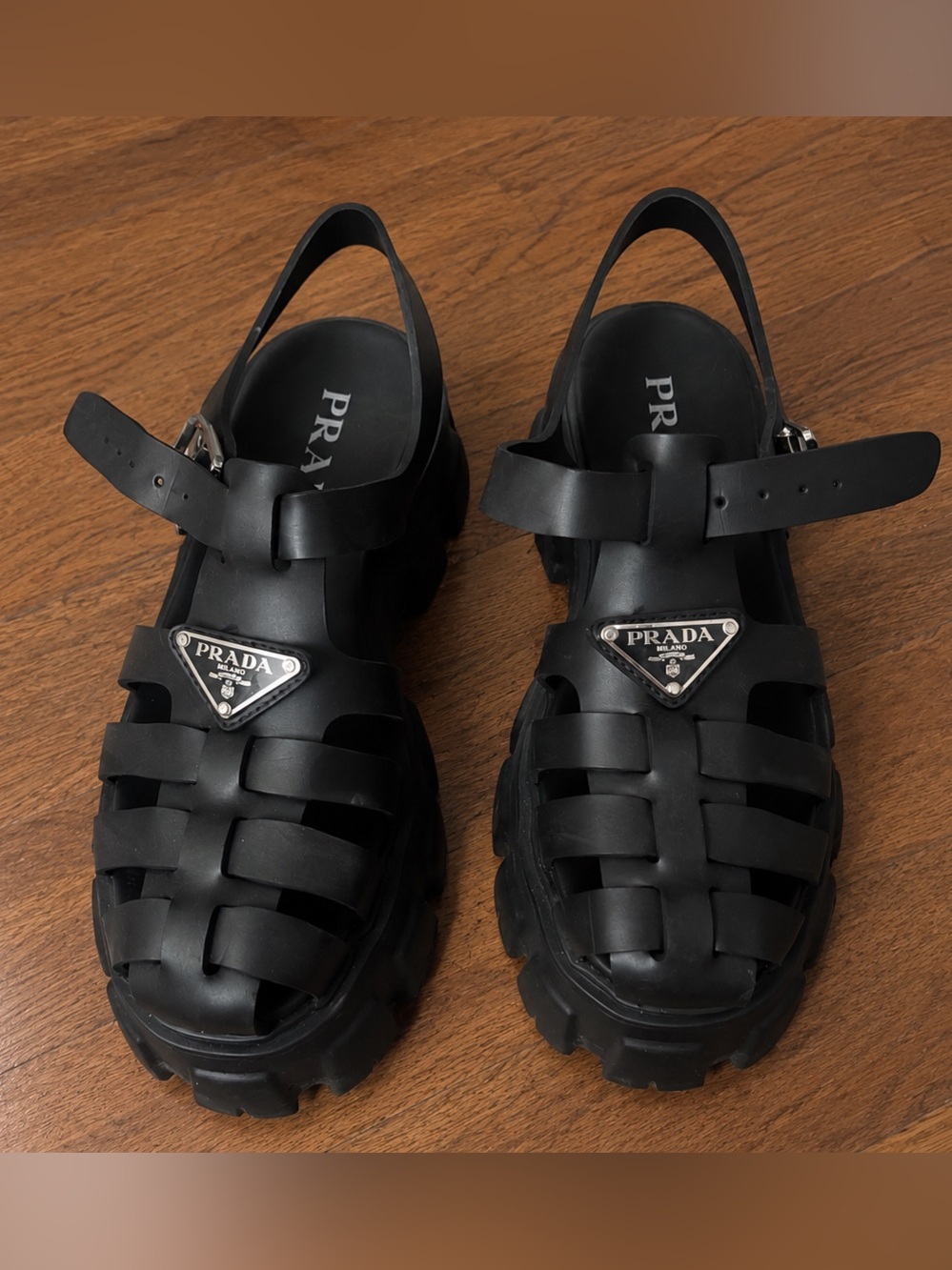 Prada Black Mens Chunky Fisherman Sandals with Logo Plaque